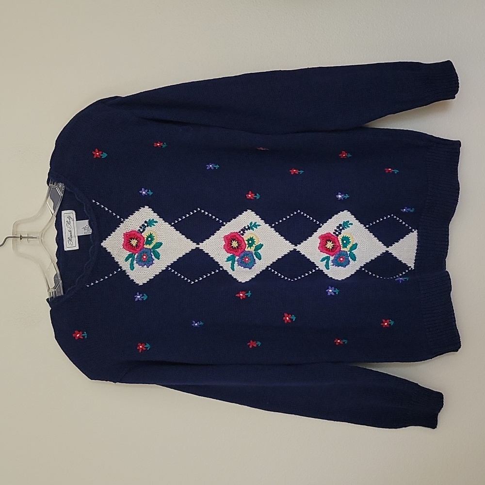 Vintage Private Party Embroidered Navy Blue Sweater L